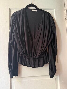 Babaton Aritzia black draped wrap front peplum blouse size M